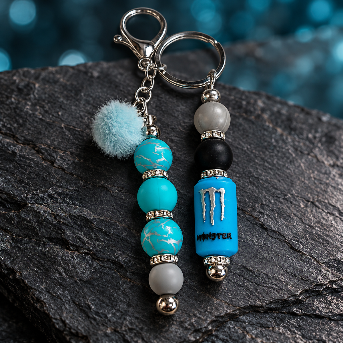 Blue Energy Drink Beaded Keychain with Pom Pom