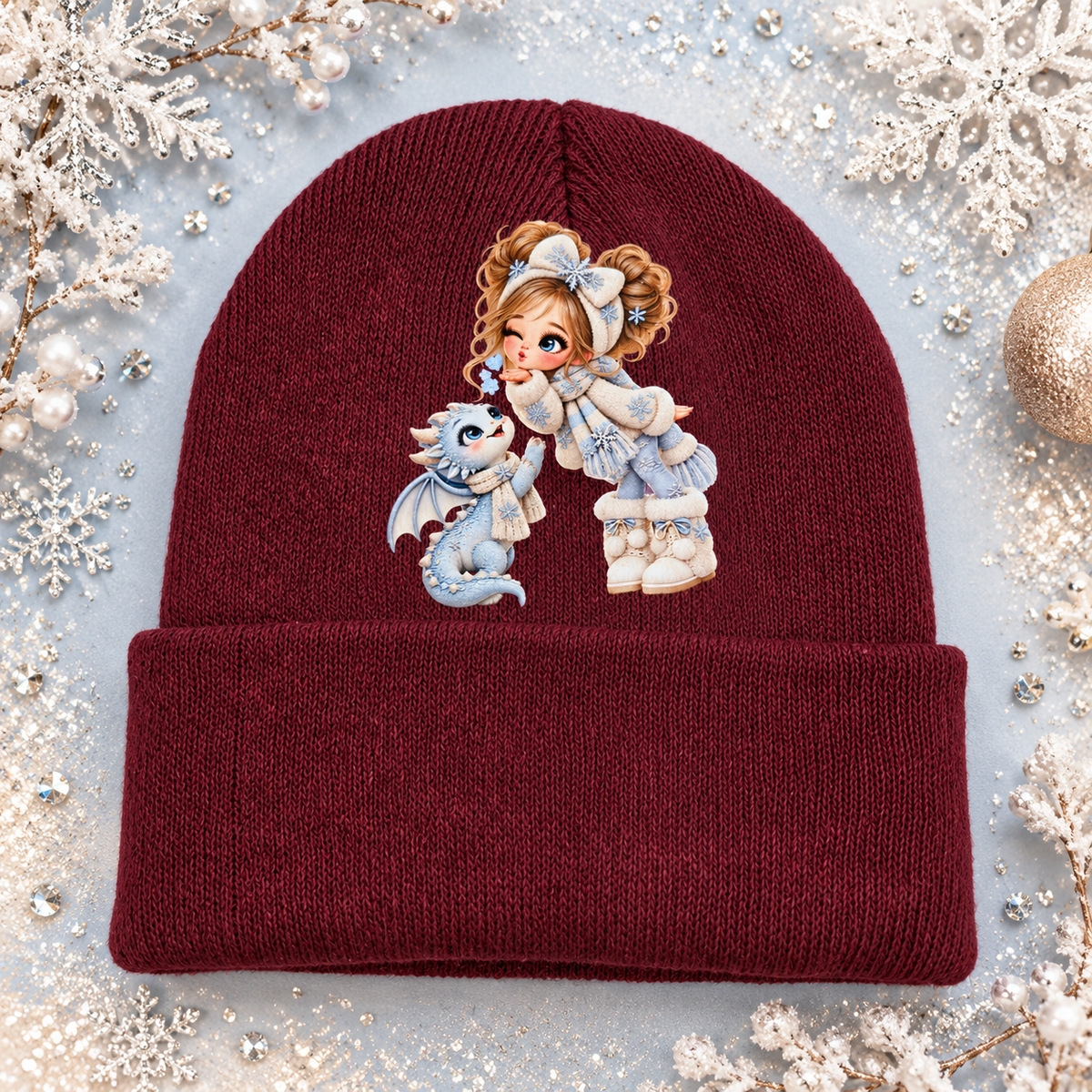 Winter Wishes Burgundy Girl & Dragon Beanie