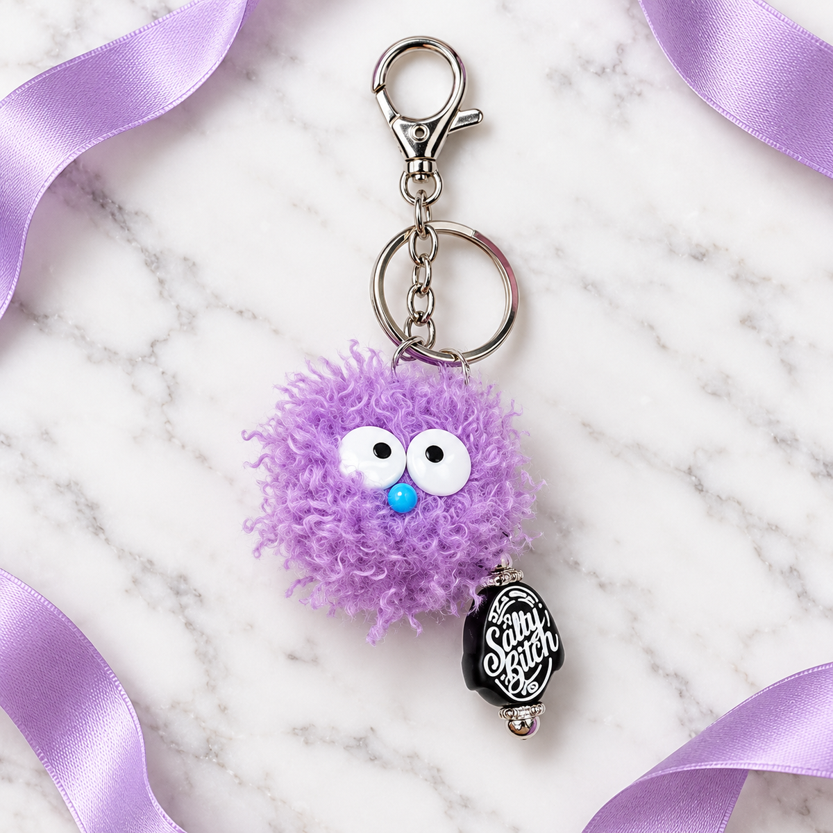 Fuzzy Purple Monster Keychain with Charm