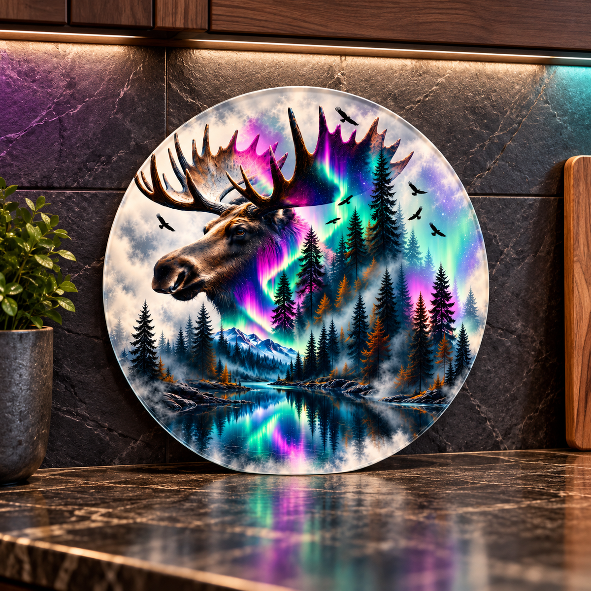 Northern Majesty Moose Round Glass Cutting Board – 9 Inch