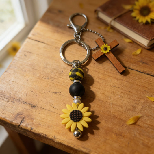 Sunflower Faith Wooden Cross Beaded Keychain & Bag Charm