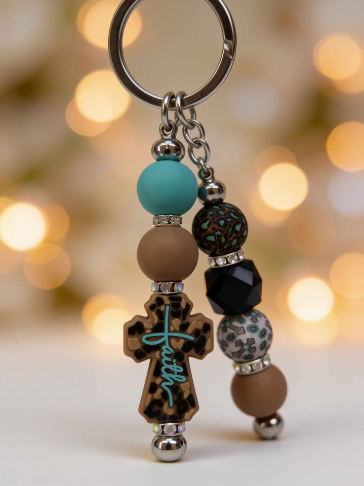 Wildly Faithful Leopard Cross Beaded Keychain