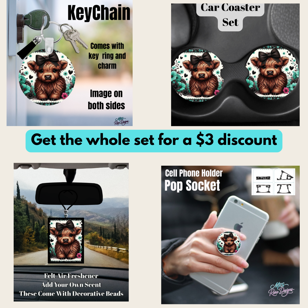 Highland Cow Gift Set Collection – Keychain, Neoprene Car Coaster Set, Felt Air Freshener & Pop Socket (Purple, Blue, Teal, Rose & Pink Floral Designs)
