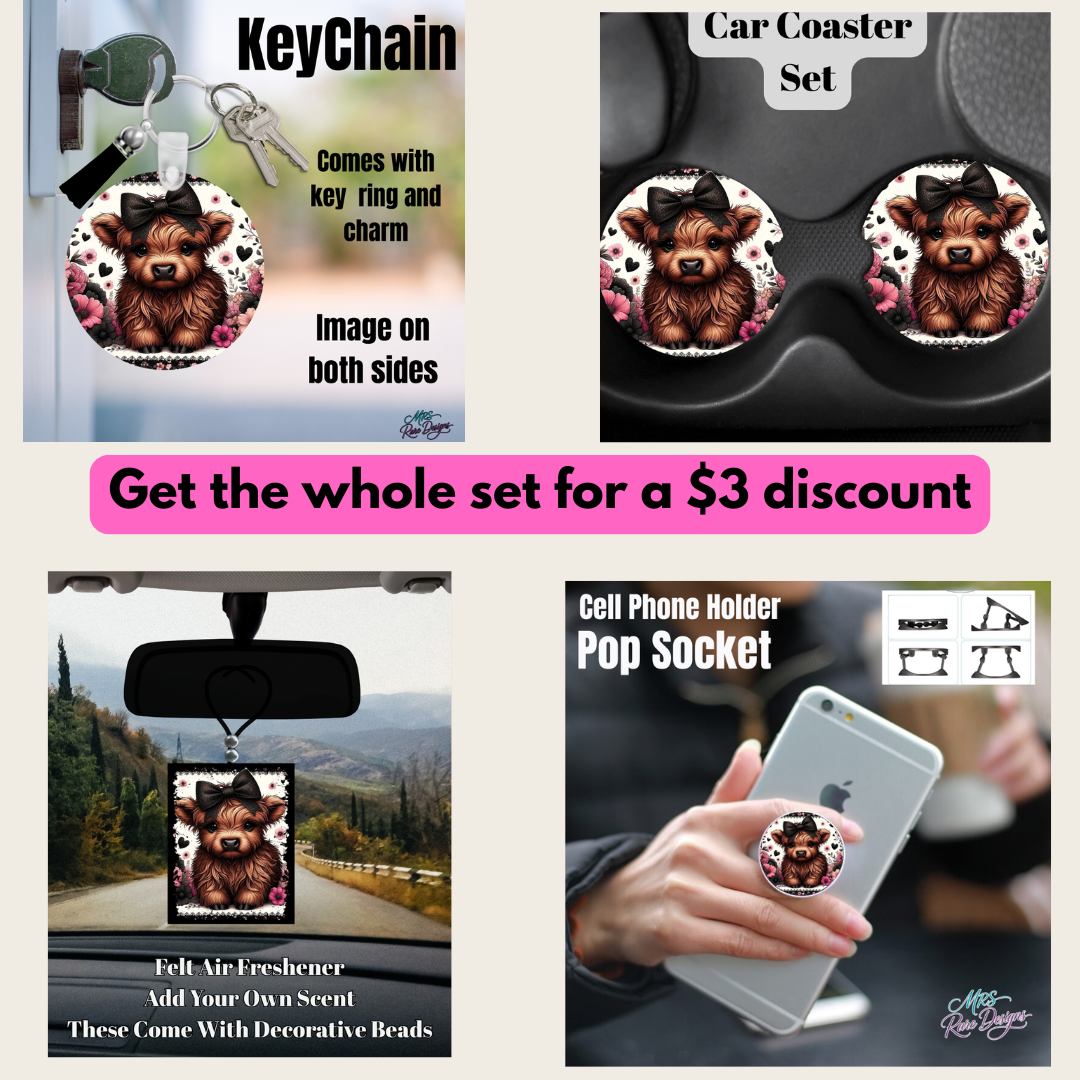 Highland Cow Gift Set Collection – Keychain, Neoprene Car Coaster Set, Felt Air Freshener & Pop Socket (Purple, Blue, Teal, Rose & Pink Floral Designs)