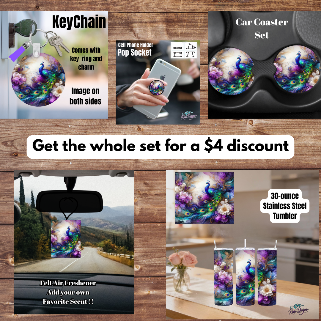 Peacock Luxury Gift Set – 5-Piece Matching Bundle with Tumbler, Car Coasters, Pop Socket, Keychain & Felt Air Freshener Available in 20oz or 30oz Tumbler Options – Save $4 on the Complete Set!