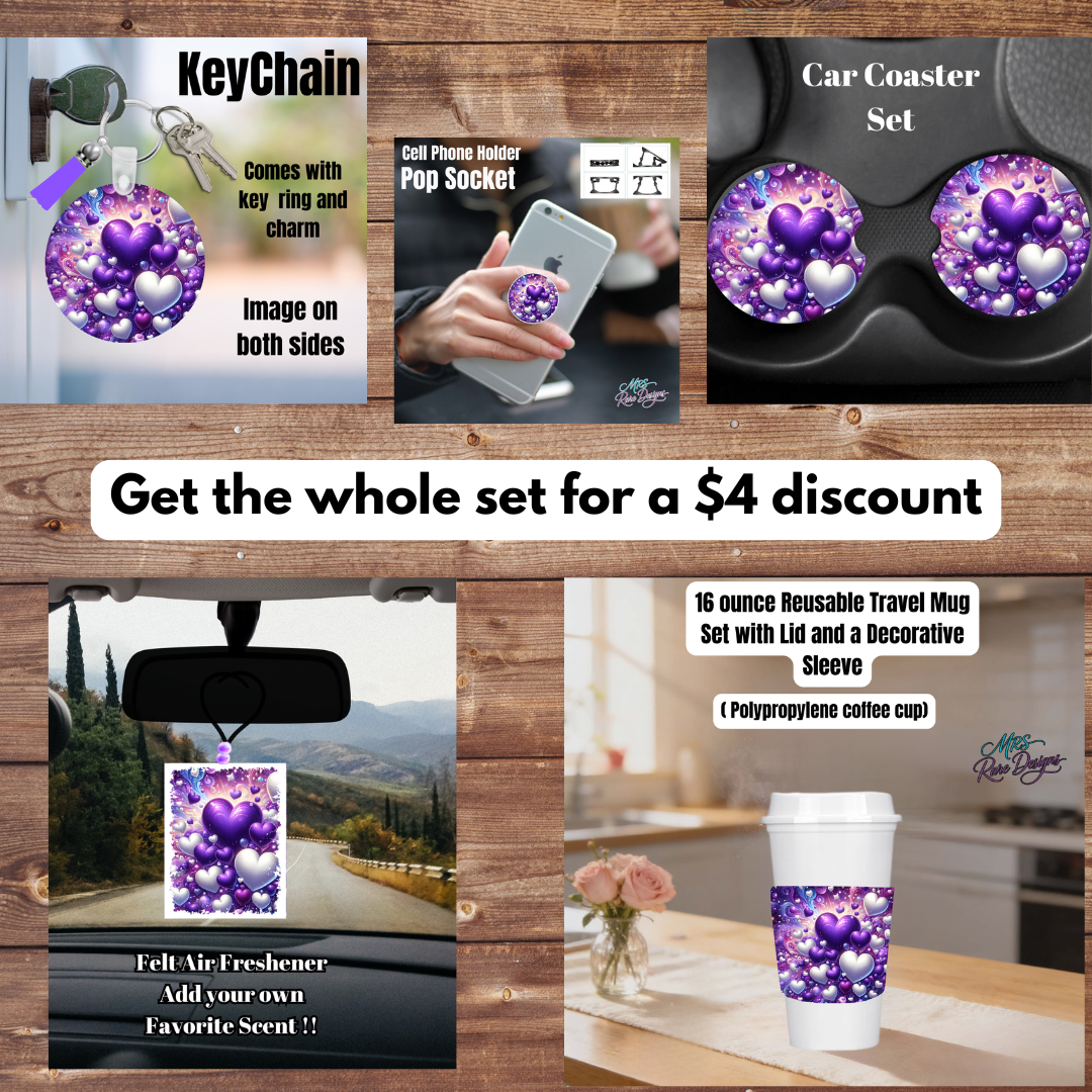 Purple Galaxy Hearts Car & Lifestyle Gift Set – Keychain, Pop Socket, Car Coasters, Air Freshener & Tumbler