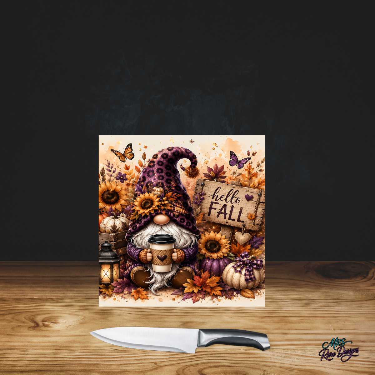 Purple Leopard Print Gnome "Hello Fall" Square Glass Cutting Board