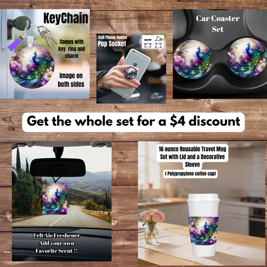 Peacock Elegance Gift Set – 5-Piece Coordinated Car & Coffee Accessory Bundle (Save $4)