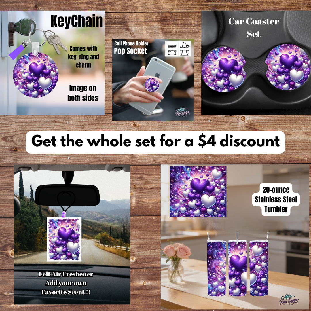 Purple Galaxy Hearts Car & Lifestyle Gift Set – Keychain, Pop Socket, Car Coasters, Air Freshener & Tumbler