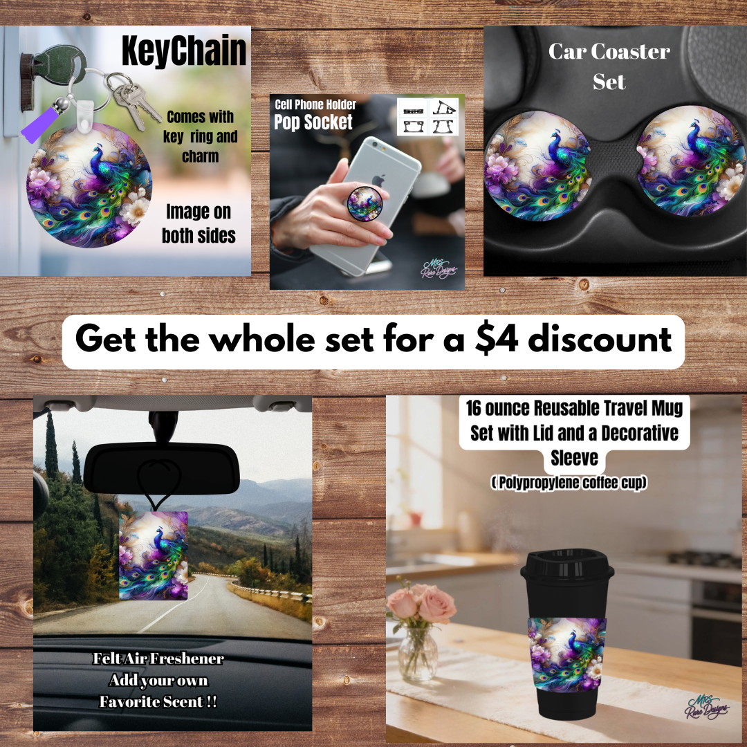 Peacock Elegance Gift Set – 5-Piece Coordinated Car & Coffee Accessory Bundle (Save $4)