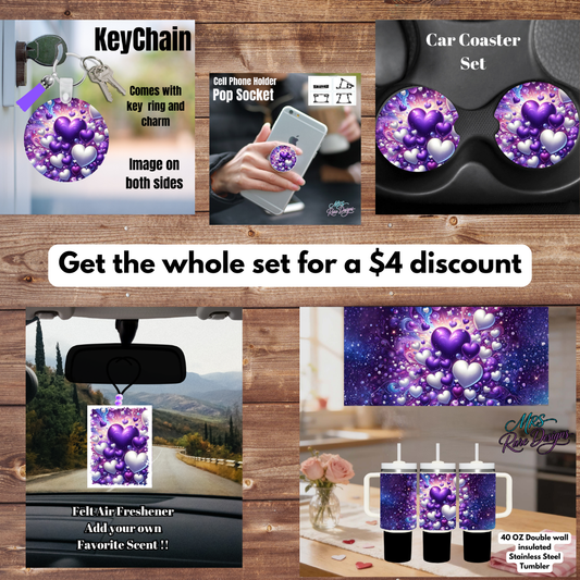 Purple Galaxy Hearts Car & Lifestyle Gift Set – Keychain, Pop Socket, Car Coasters, Air Freshener & Tumbler