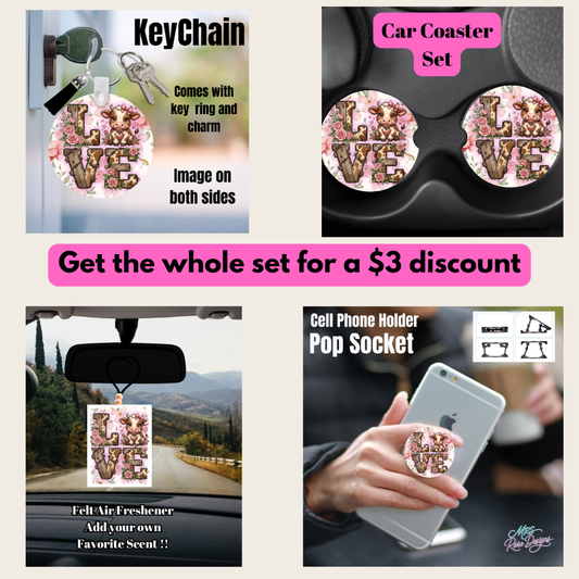 Rustic Cow Love Accessory Set – Farmhouse Floral Collection (Keychain, Neoprene Car Coaster Set, Pop Socket & Felt Air Freshener)