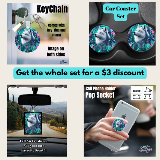 Mystic White Wolf Complete Set – Keychain, Pop Socket, Car Coaster Set & Felt Air Freshener