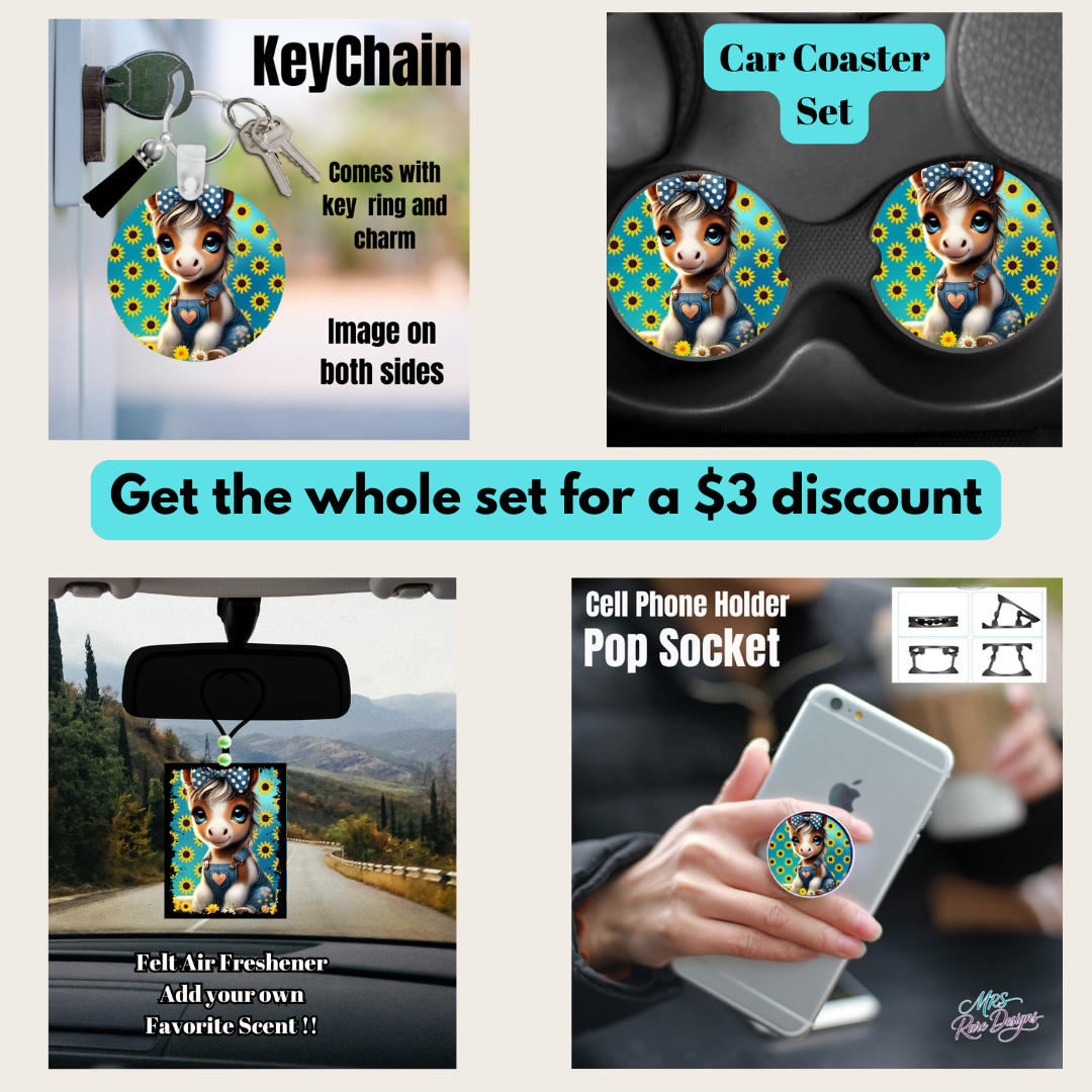 Baby Donkey & Sunflower Gift Set – Car Coasters, Keychain, Pop Socket & Air Freshener Bundle