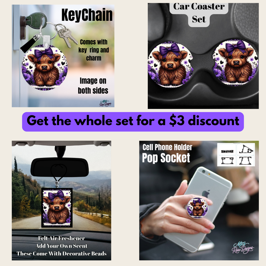 Highland Cow Gift Set Collection – Keychain, Neoprene Car Coaster Set, Felt Air Freshener & Pop Socket (Purple, Blue, Teal, Rose & Pink Floral Designs)