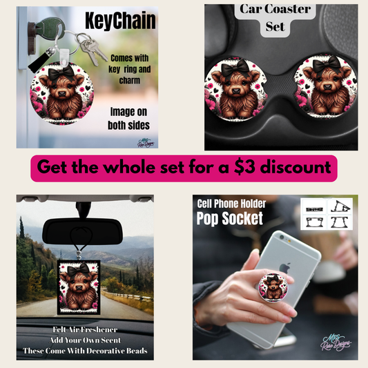 Highland Cow Gift Set Collection – Keychain, Neoprene Car Coaster Set, Felt Air Freshener & Pop Socket (Purple, Blue, Teal, Rose & Pink Floral Designs)