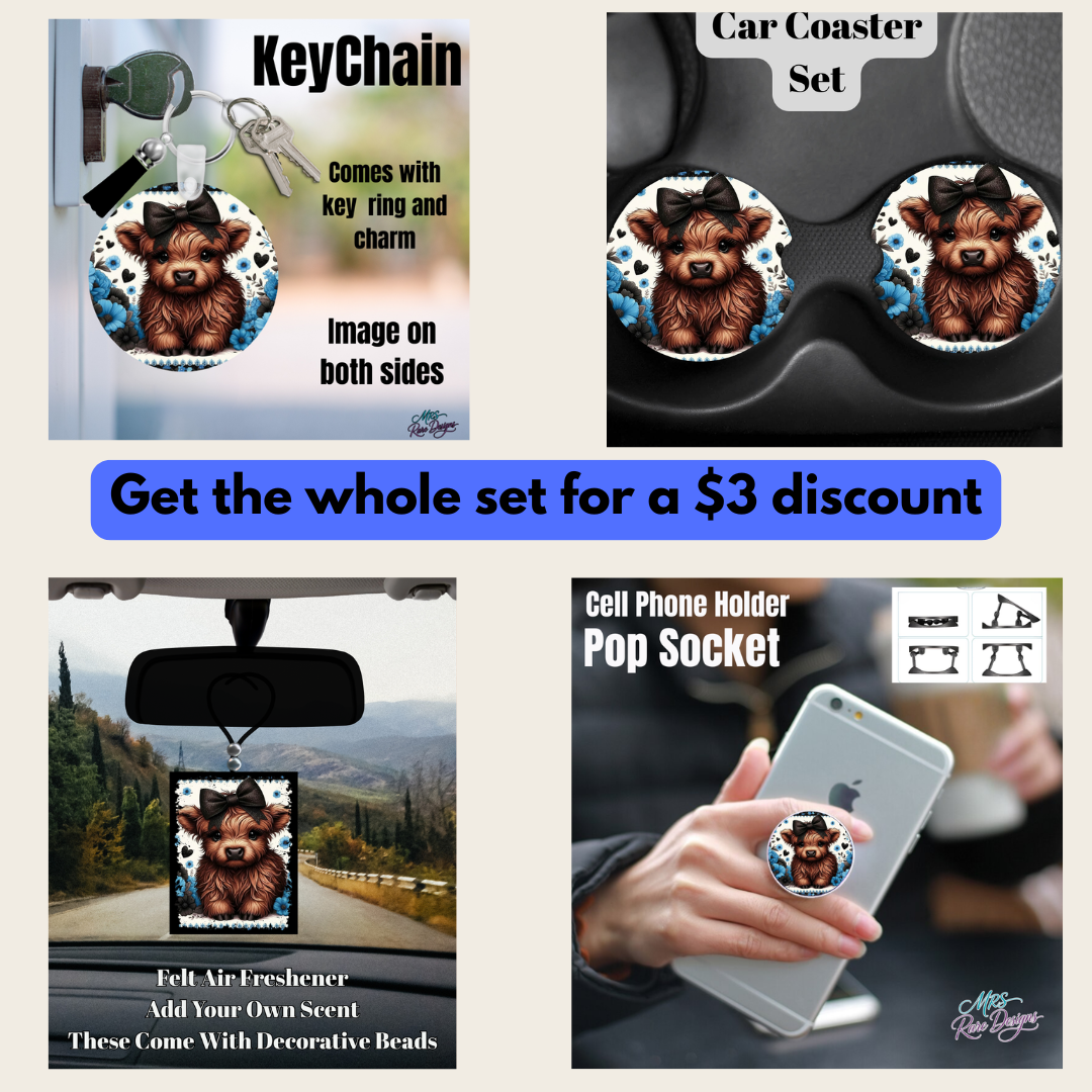 Highland Cow Gift Set Collection – Keychain, Neoprene Car Coaster Set, Felt Air Freshener & Pop Socket (Purple, Blue, Teal, Rose & Pink Floral Designs)