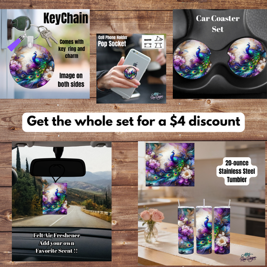 Peacock Luxury Gift Set – 5-Piece Matching Bundle with Tumbler, Car Coasters, Pop Socket, Keychain & Felt Air Freshener Available in 20oz or 30oz Tumbler Options – Save $4 on the Complete Set!