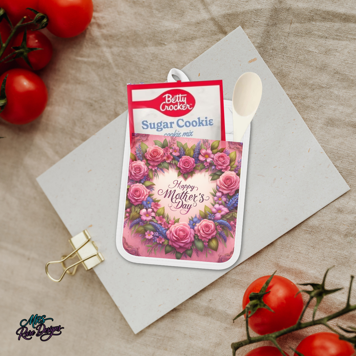 Happy Mother’s Day Floral Pocket Oven Mitt Gift Set – Cookie Mix & Wooden Spoon Included