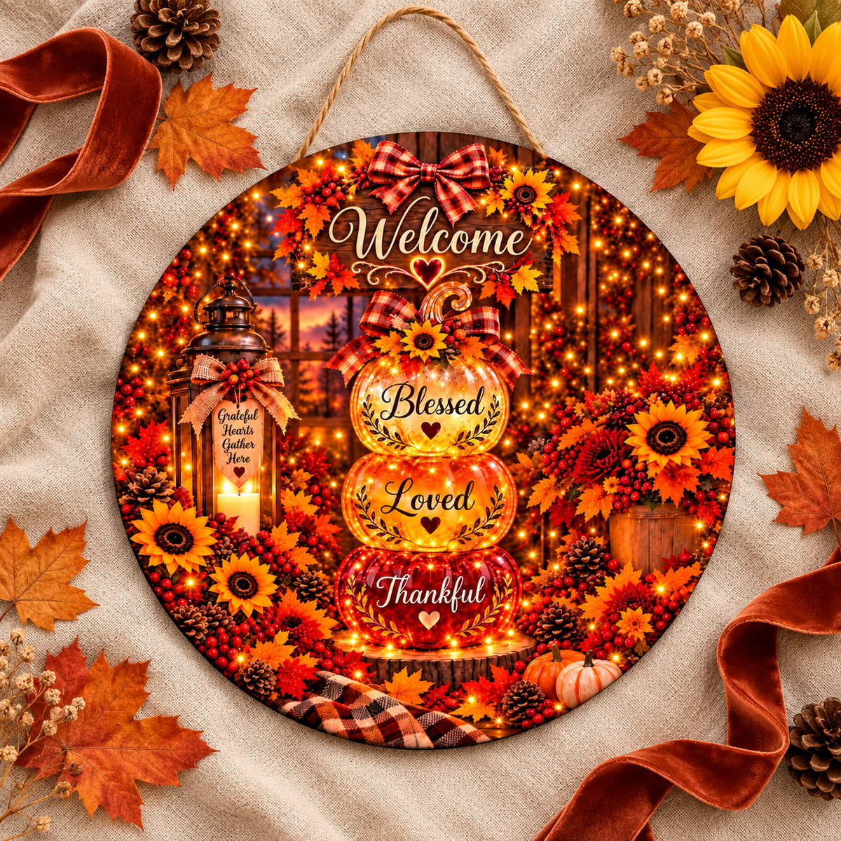 Harvest Gratitude 12-Inch Round Aluminum Welcome Sign
