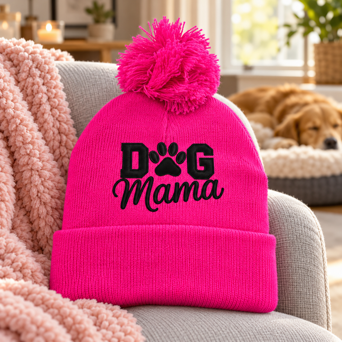 Pink, Paws & Cozy Walks Dog Mama Pom-Pom Beanie