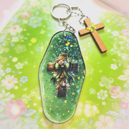 Faith & Flutter Resin Cross Keychain Set – Sparkling Butterfly Blessings