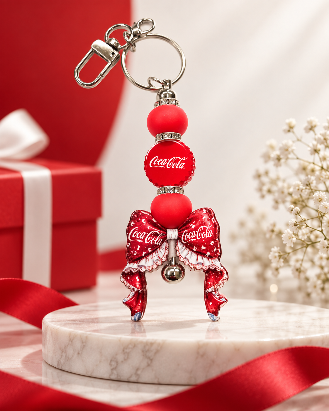 Soda Pop Sweetheart Coca-Cola Bow Beaded Keychain