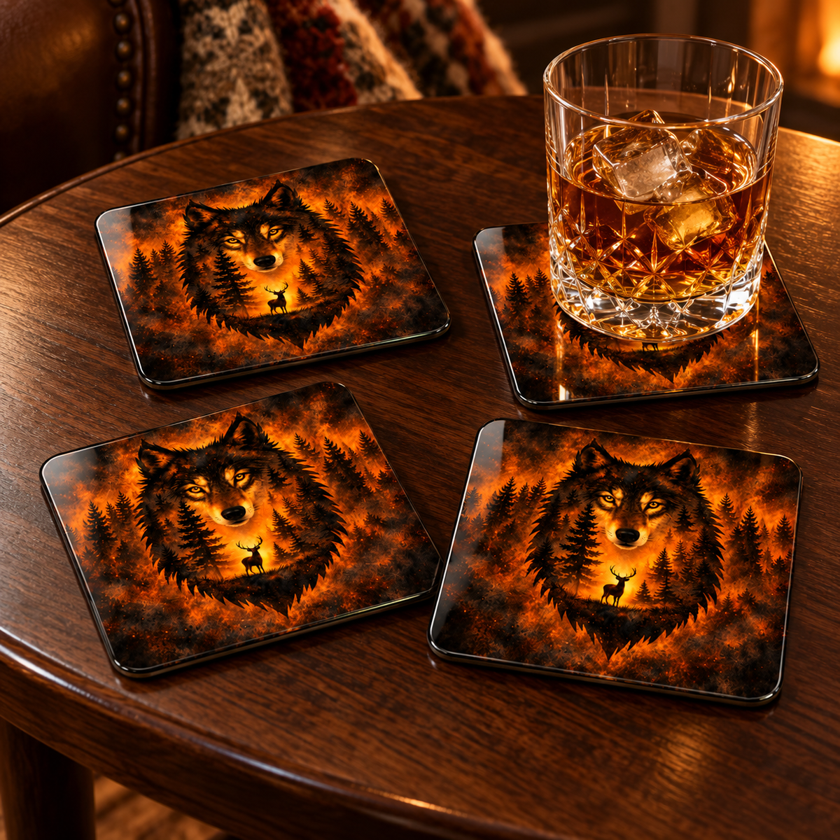 Amber Wilderness Wolf Square Glass Coasters – Set of 4