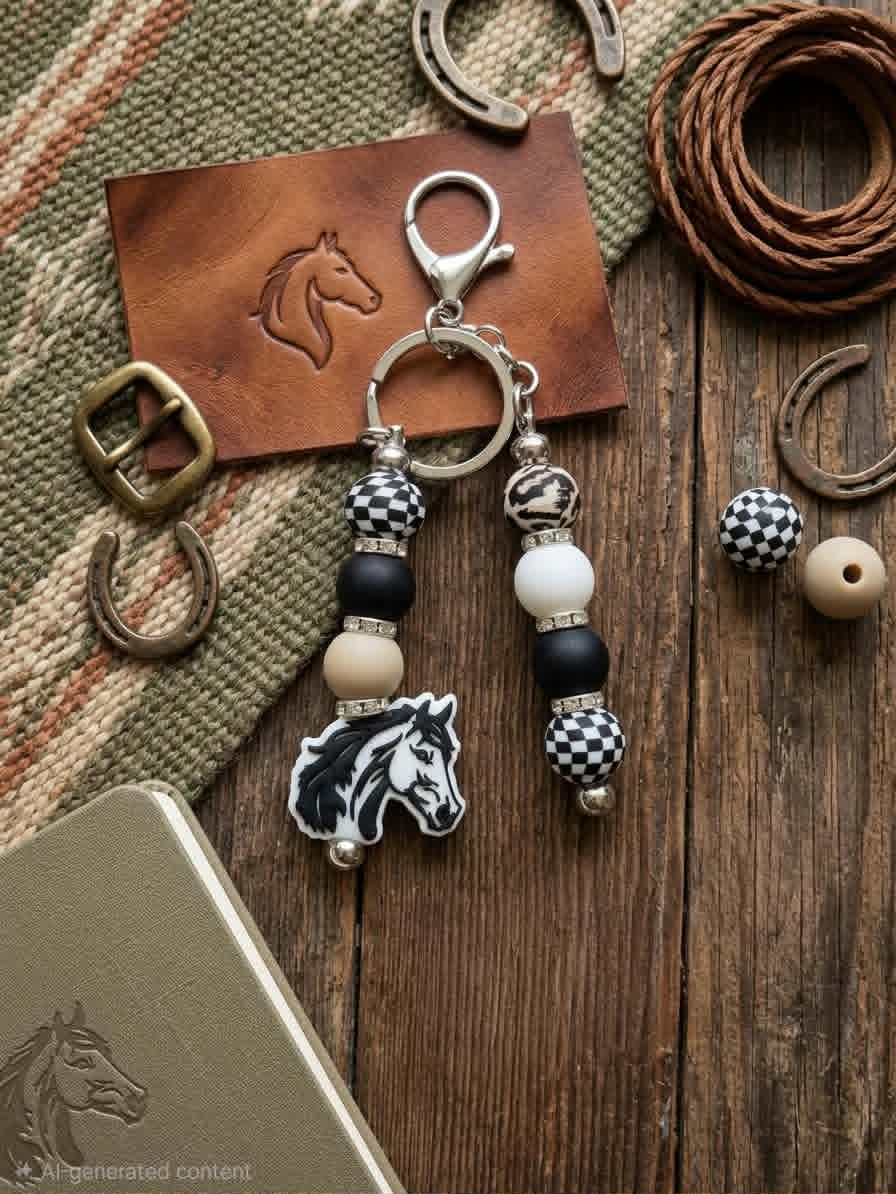 Checkered Trails Horse Beaded Keychain