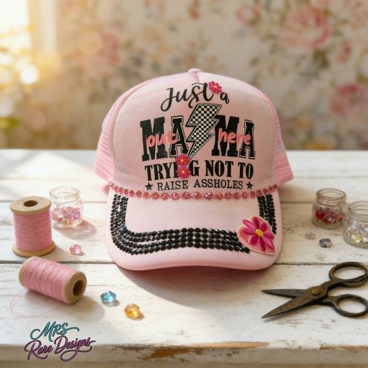 The Rhinestone Mama Trucker Hat "Raising Good Humans Is Hard Work" Edition