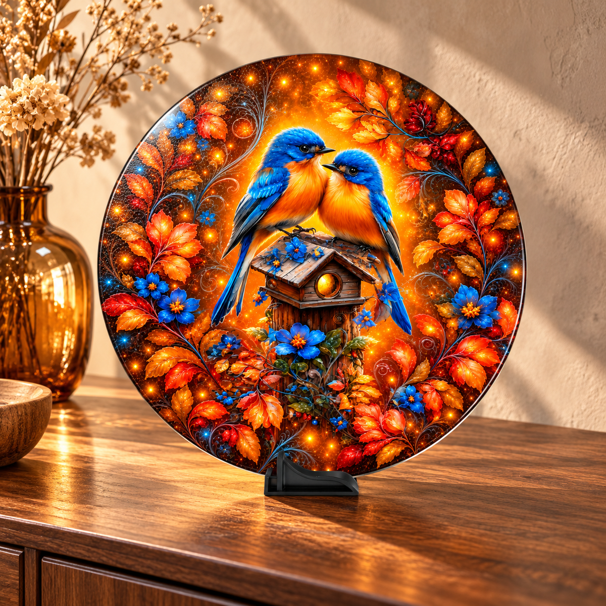Amber Garden Bluebirds Round Glass Cutting Board – 11.8 Inch