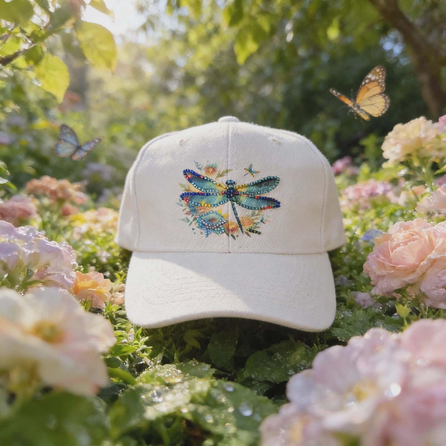 🦋 Sparkling Dragonfly Rhinestone Hat – Garden Glow Edition 🌸