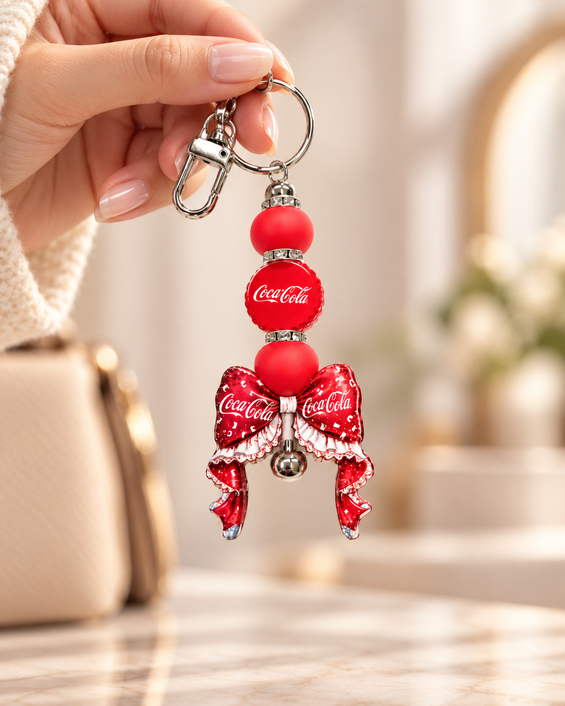 Soda Pop Sweetheart Coca-Cola Bow Beaded Keychain