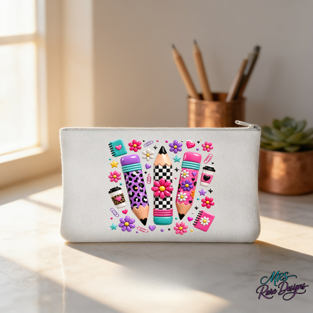 Retro Preppy Pencils & Doodles Zipper Pencil Pouch (7" x 4.3")