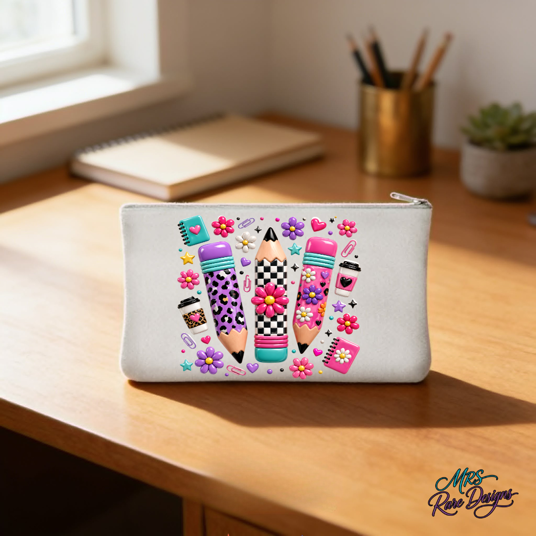 Retro Preppy Pencils & Doodles Zipper Pencil Pouch (7" x 4.3")