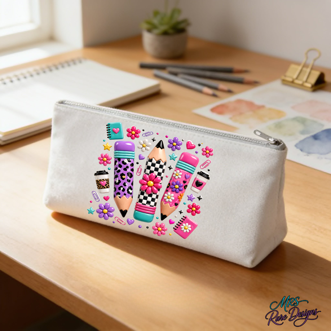 Retro Preppy Pencils & Doodles Zipper Pencil Pouch (7" x 4.3")