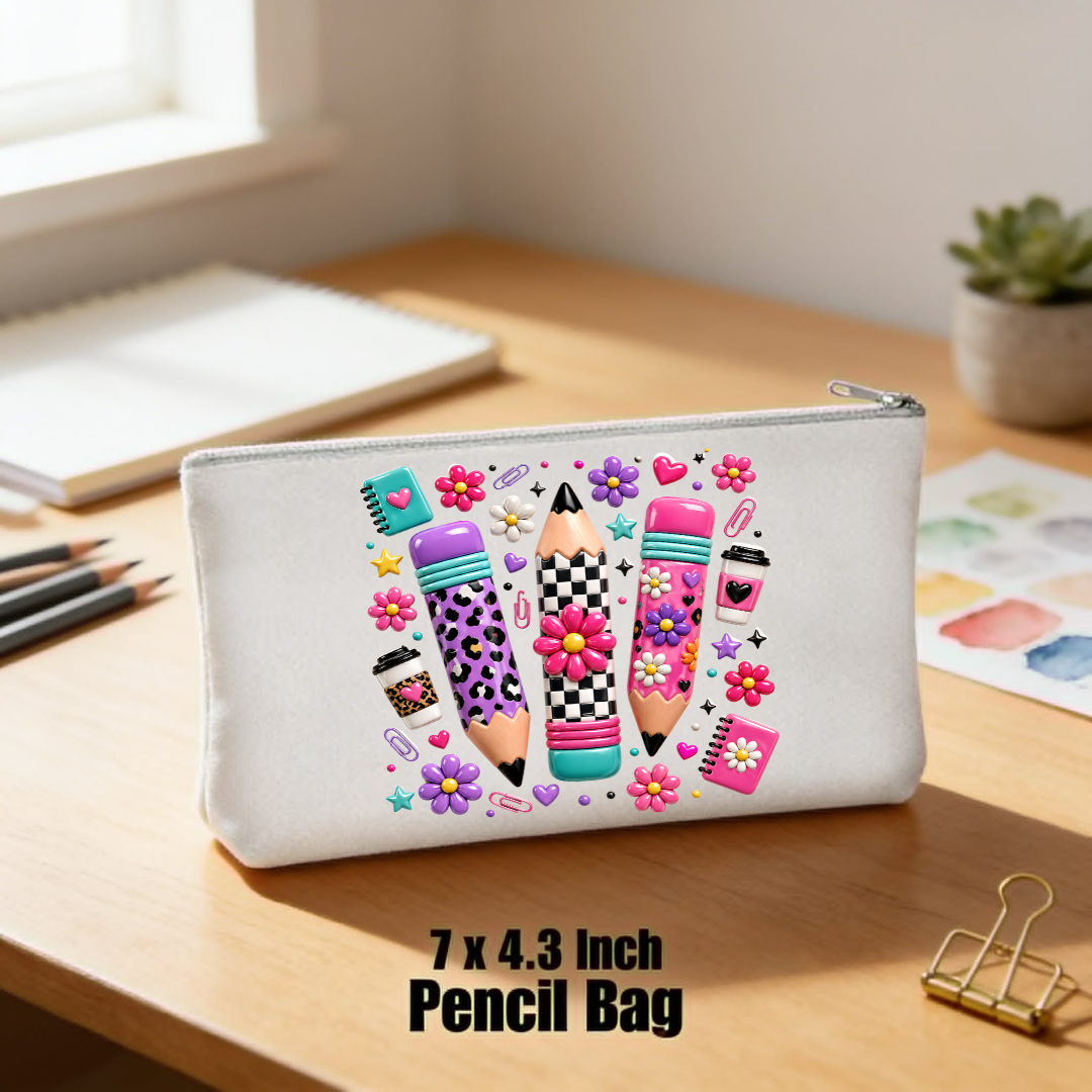 Retro Preppy Pencils & Doodles Zipper Pencil Pouch (7" x 4.3")