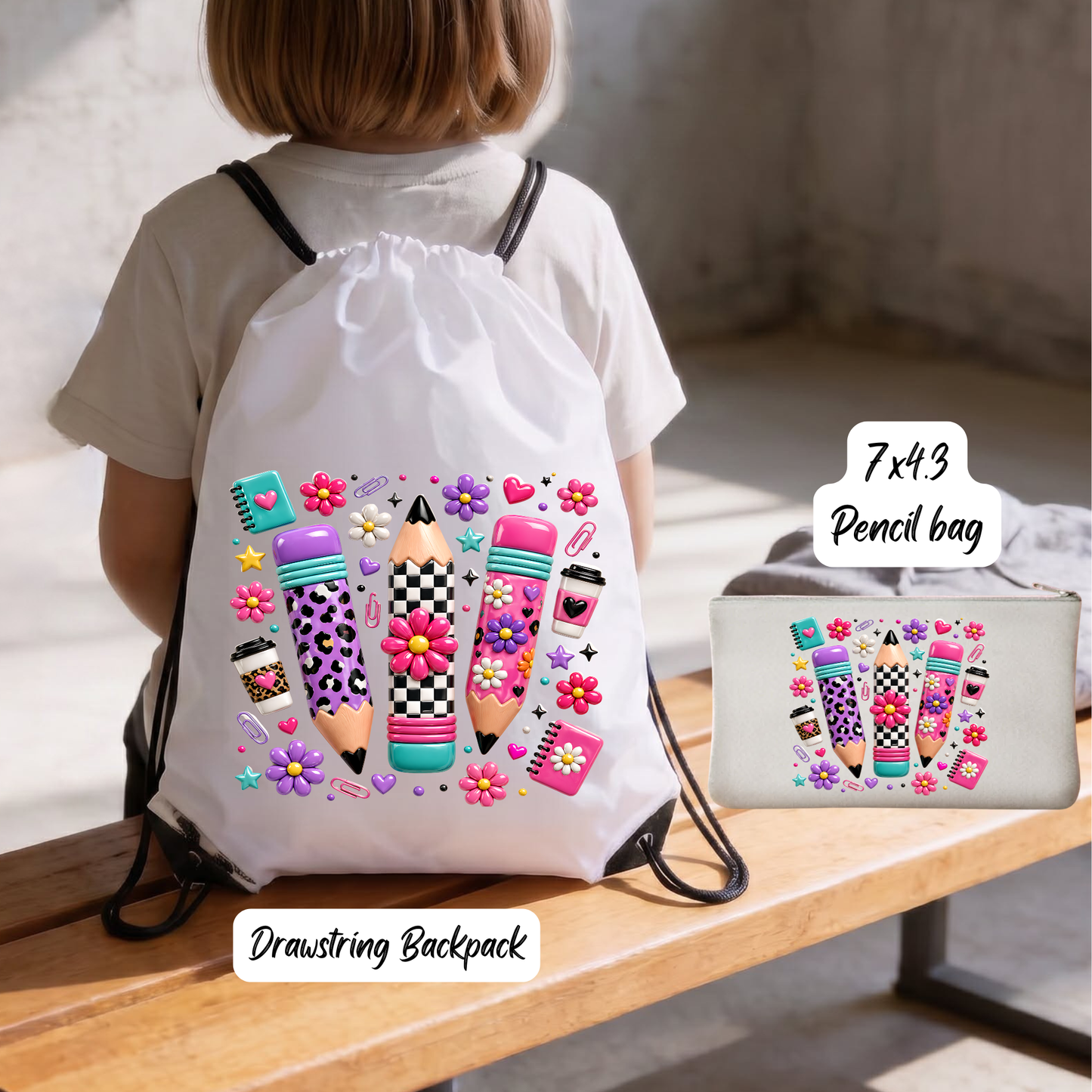 Retro Preppy Pencils 2-Piece Back-to-School Set: Drawstring Backpack & Matching Zipper Pencil Pouch