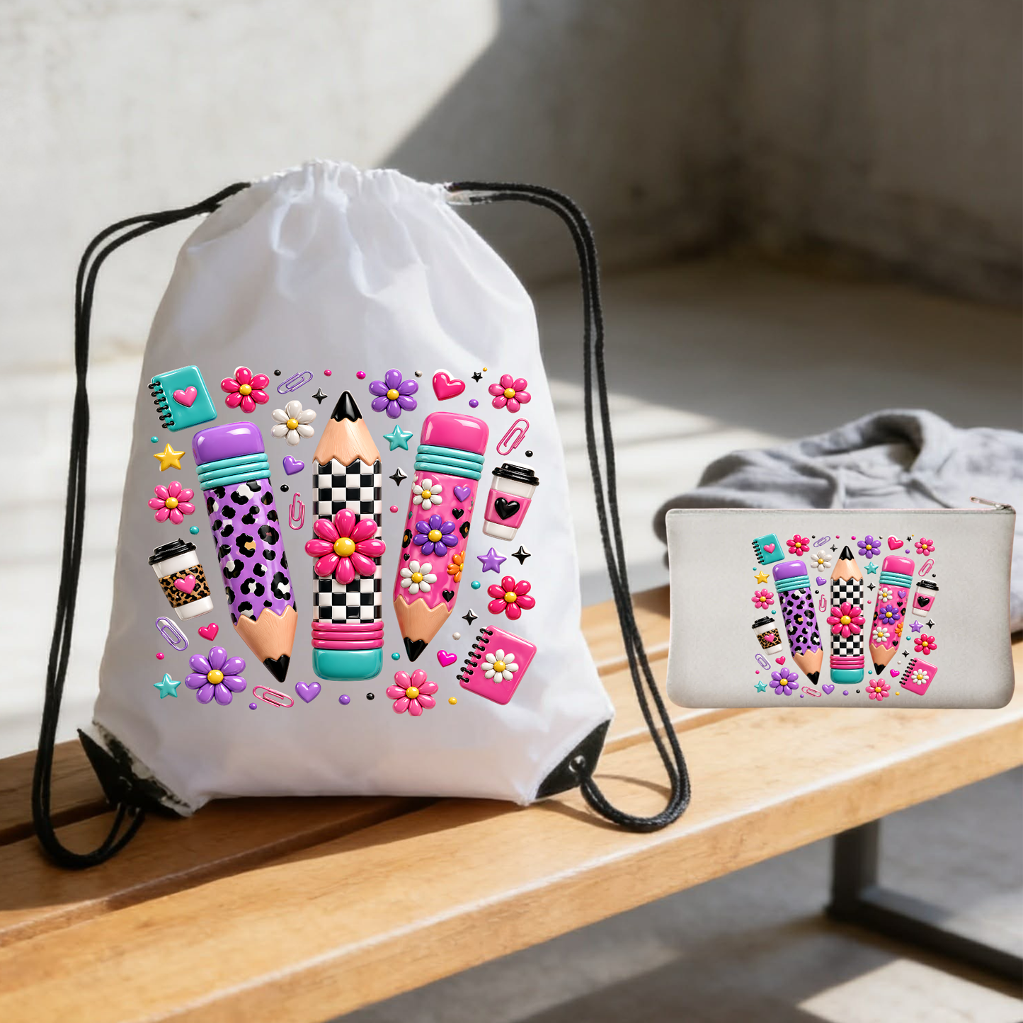 Retro Preppy Pencils 2-Piece Back-to-School Set: Drawstring Backpack & Matching Zipper Pencil Pouch