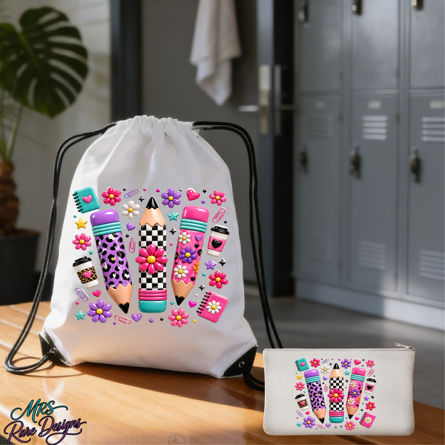 Retro Preppy Pencils 2-Piece Back-to-School Set: Drawstring Backpack & Matching Zipper Pencil Pouch