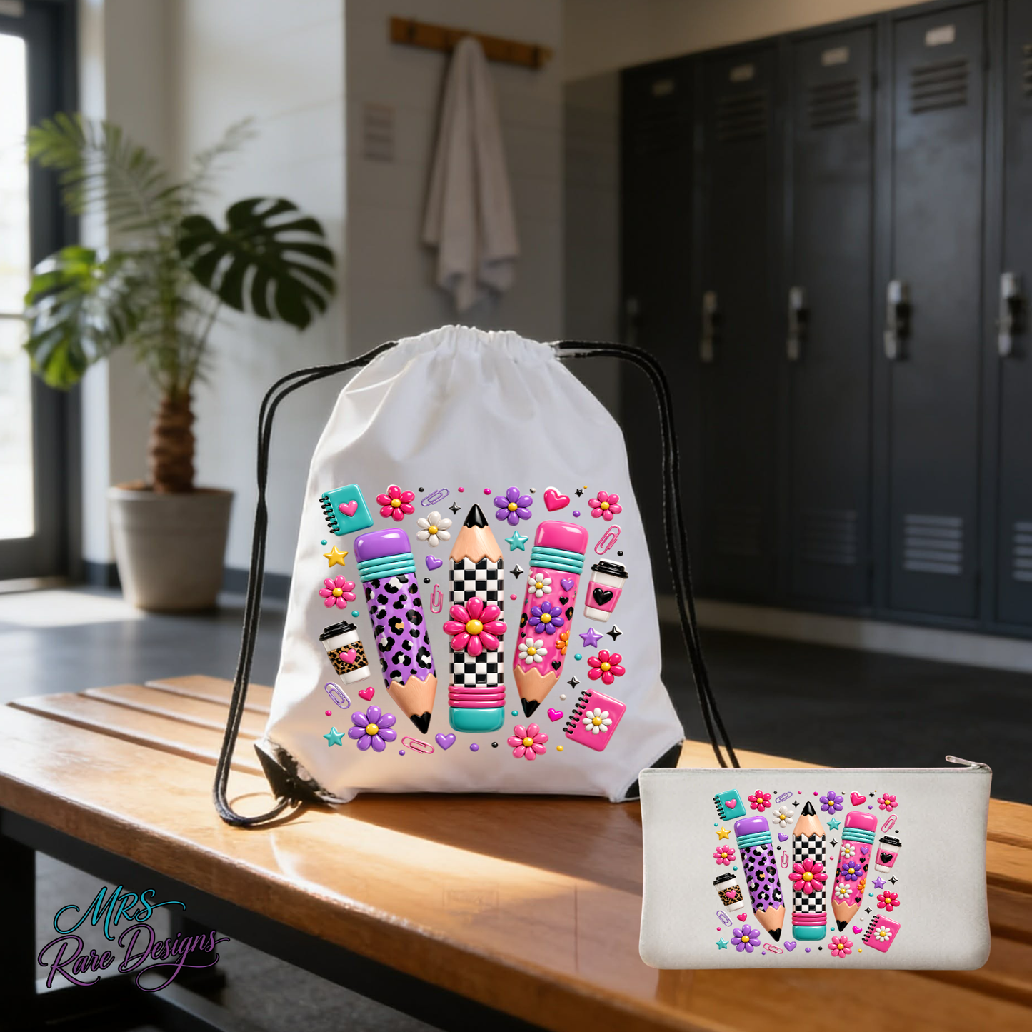Retro Preppy Pencils 2-Piece Back-to-School Set: Drawstring Backpack & Matching Zipper Pencil Pouch
