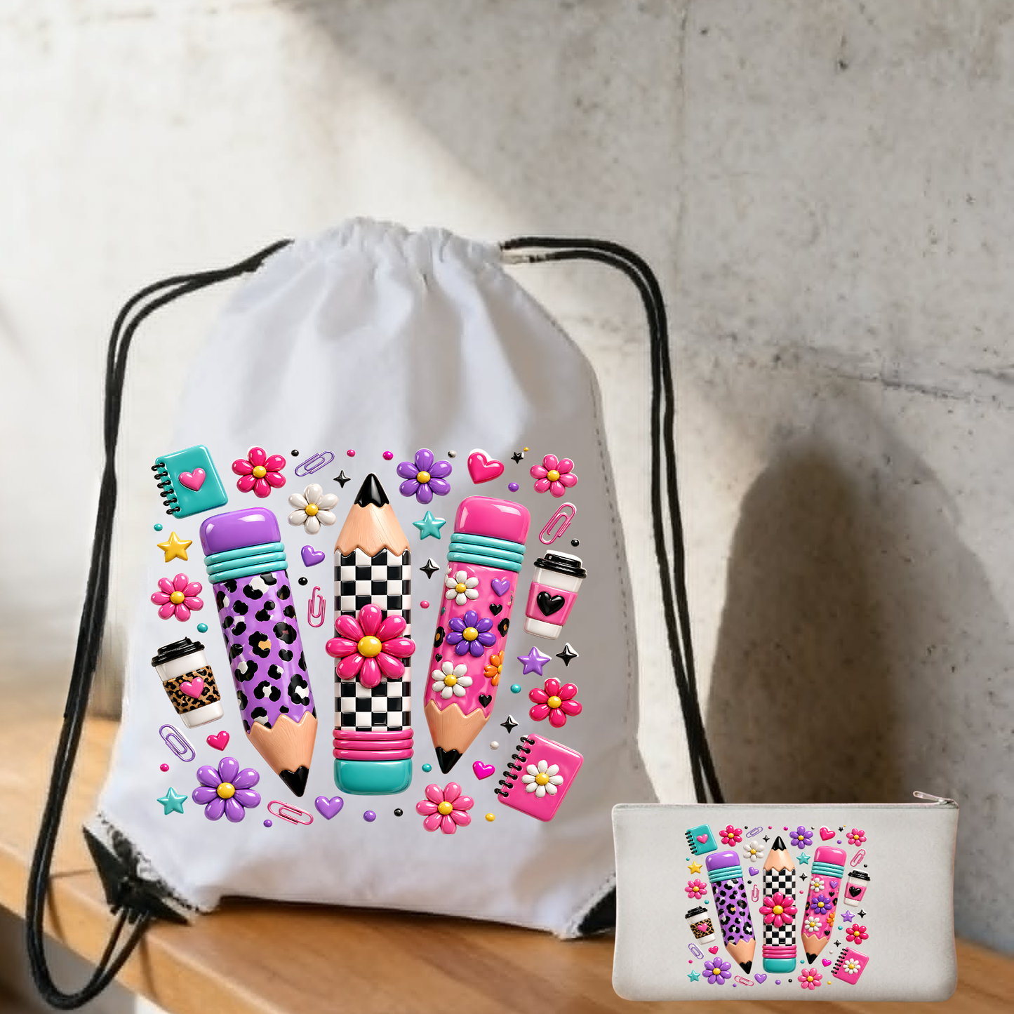 Retro Preppy Pencils 2-Piece Back-to-School Set: Drawstring Backpack & Matching Zipper Pencil Pouch