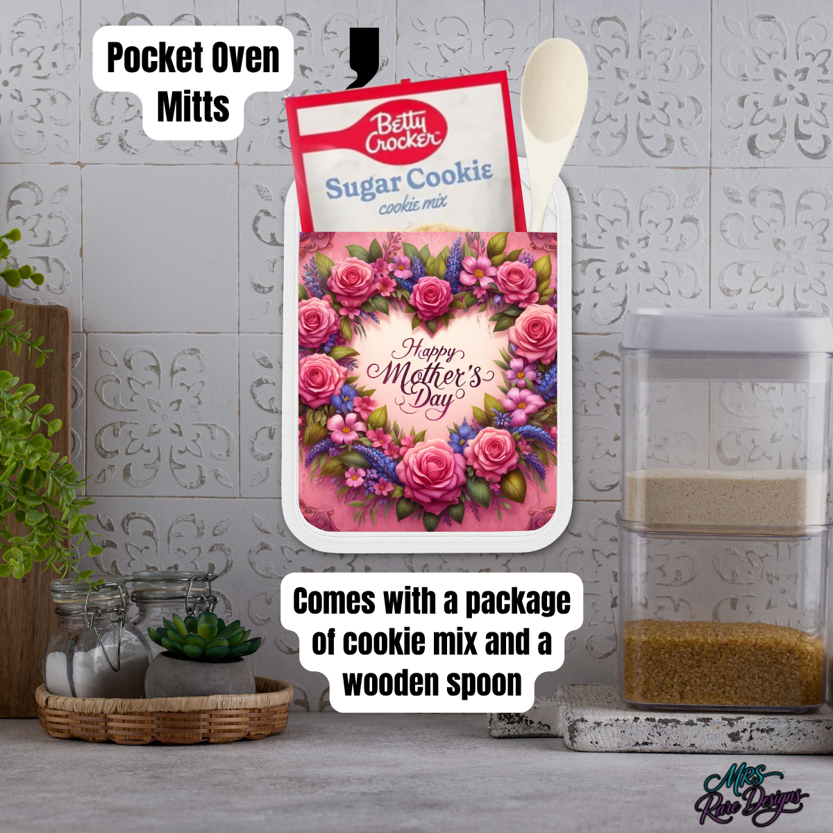 Happy Mother’s Day Floral Kitchen Gift Set – Pocket Oven Mitt Gift Set & Charcuterie Board