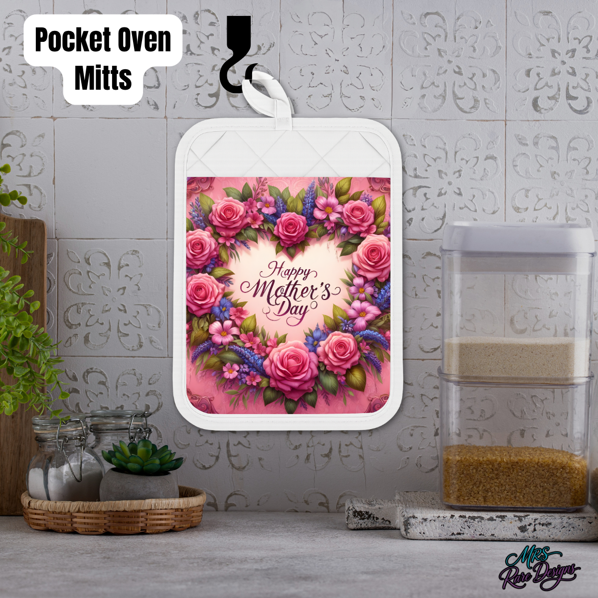 Happy Mother’s Day Floral Kitchen Gift Set – Pocket Oven Mitt & Decorative Charcuterie Board