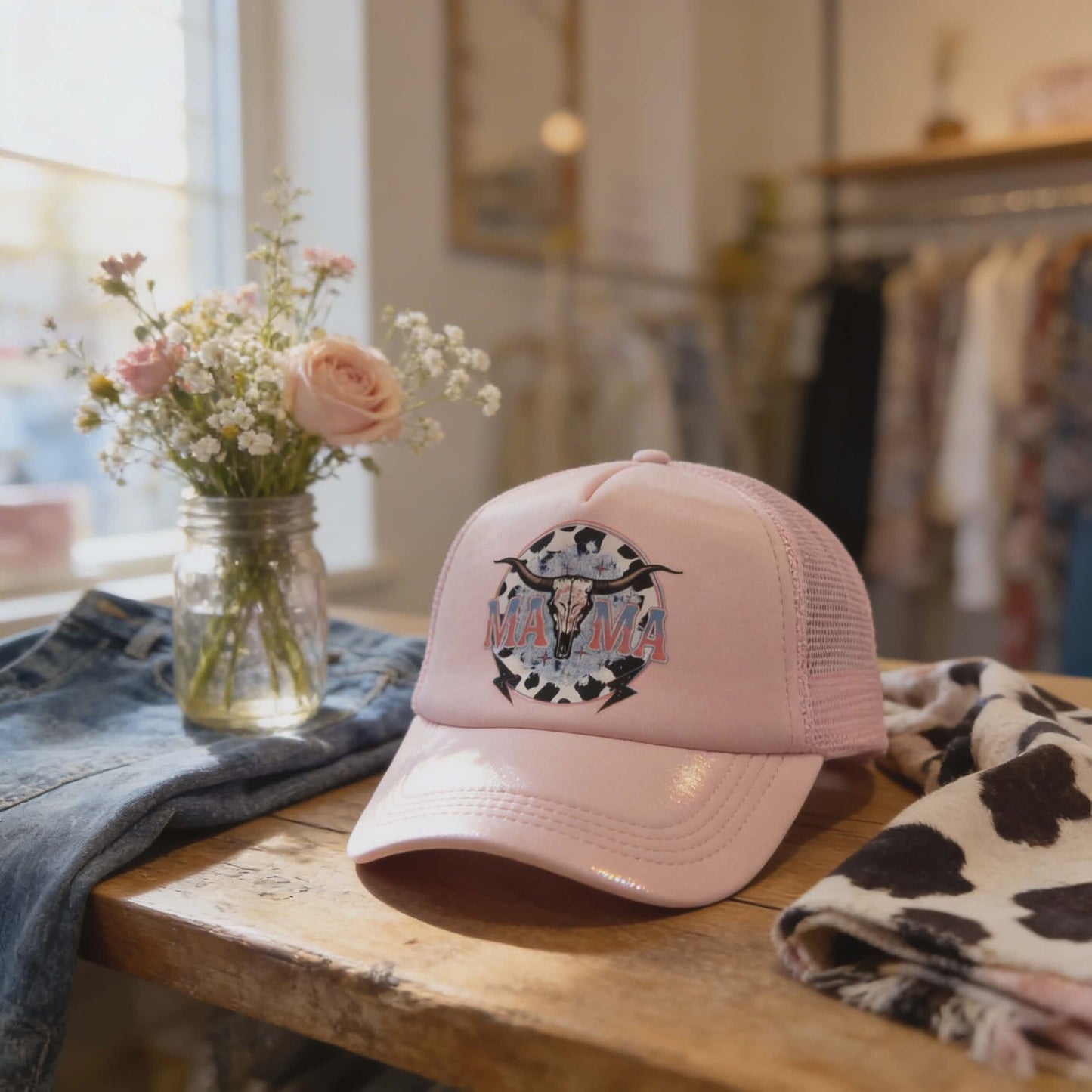 “Mama Western Cowprint” Pink Mesh Trucker Hat – DTF Longhorn Patch Cap