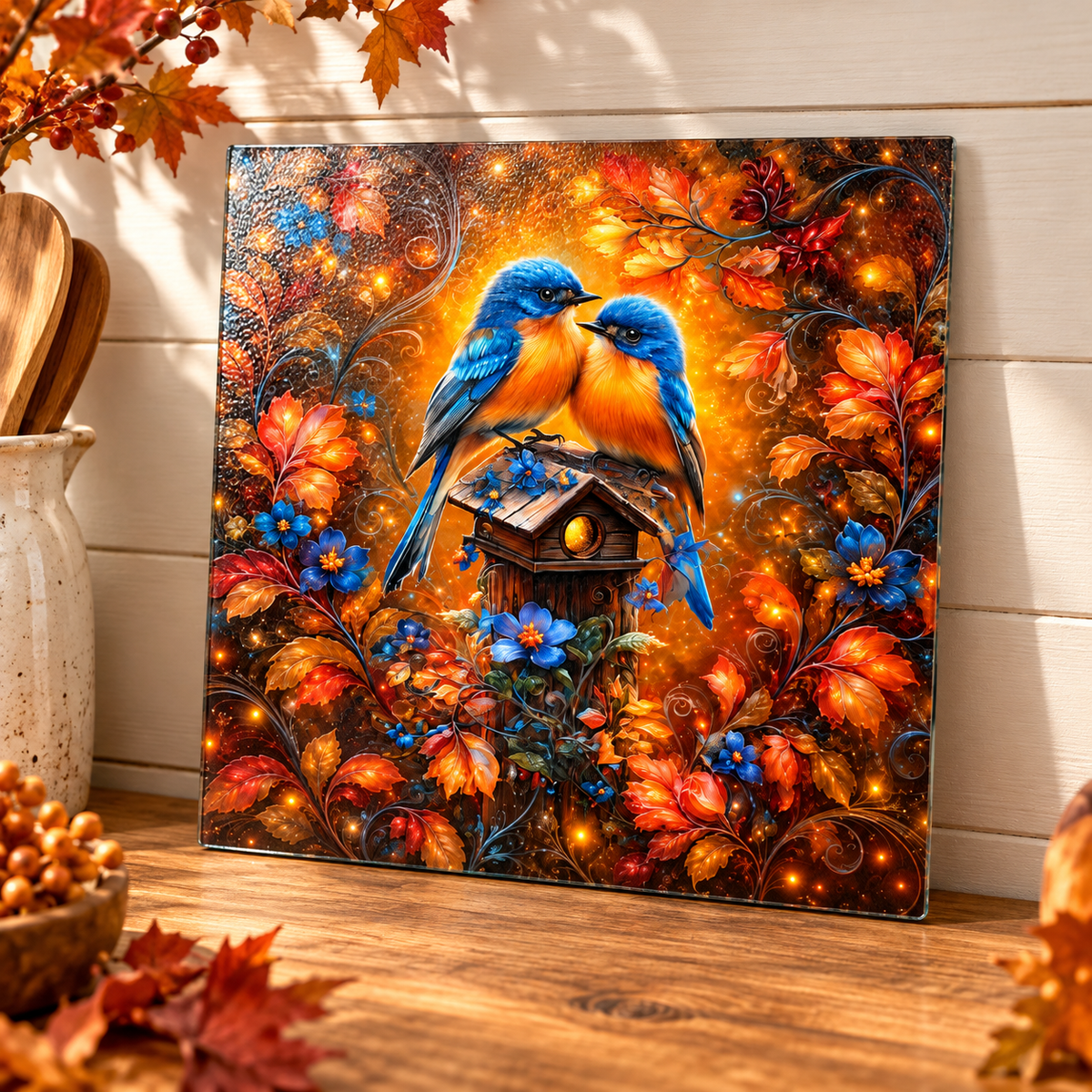 Amber Garden Bluebirds Square Glass Cutting Board – 9 Inch