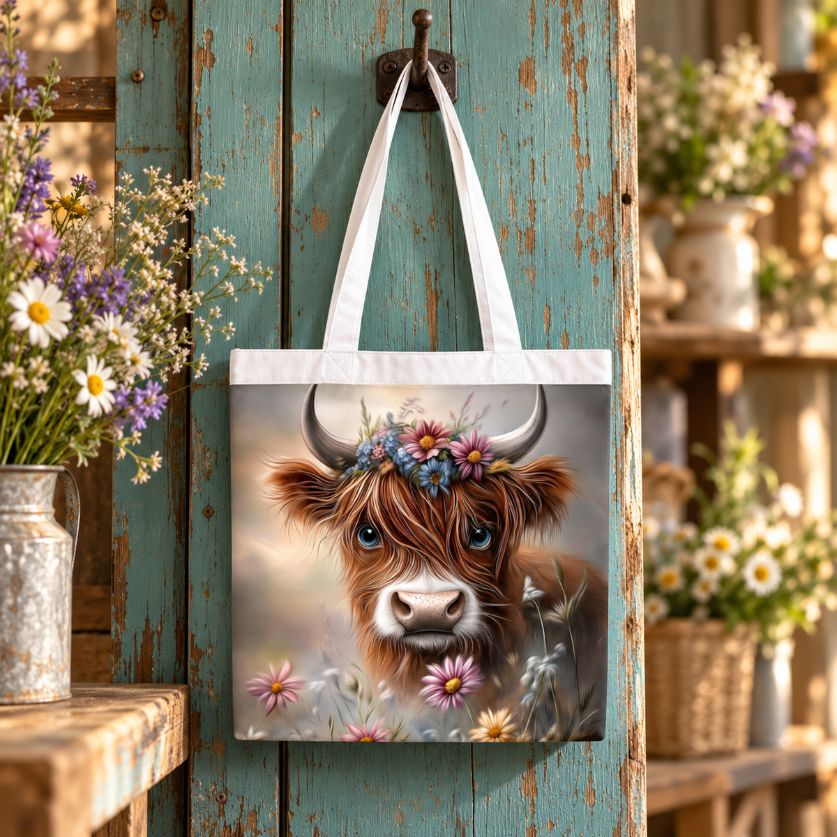 Wildflower Sweetheart Highland Cow Tote Bag