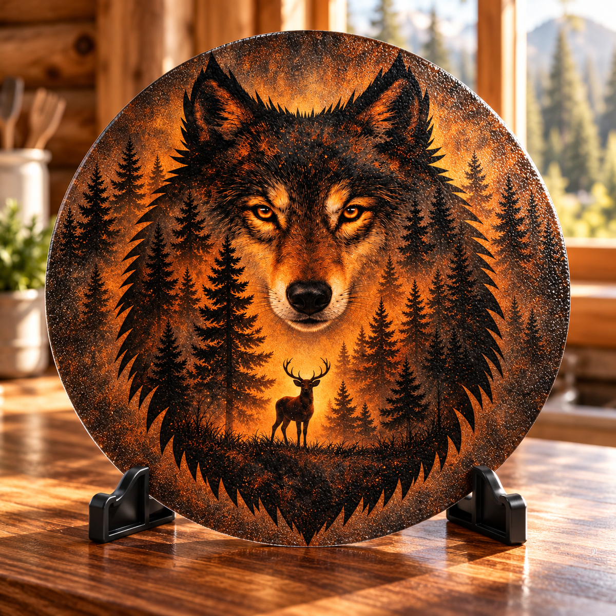Amber Wilderness Wolf 11.8-Inch Round Glass Cutting Board