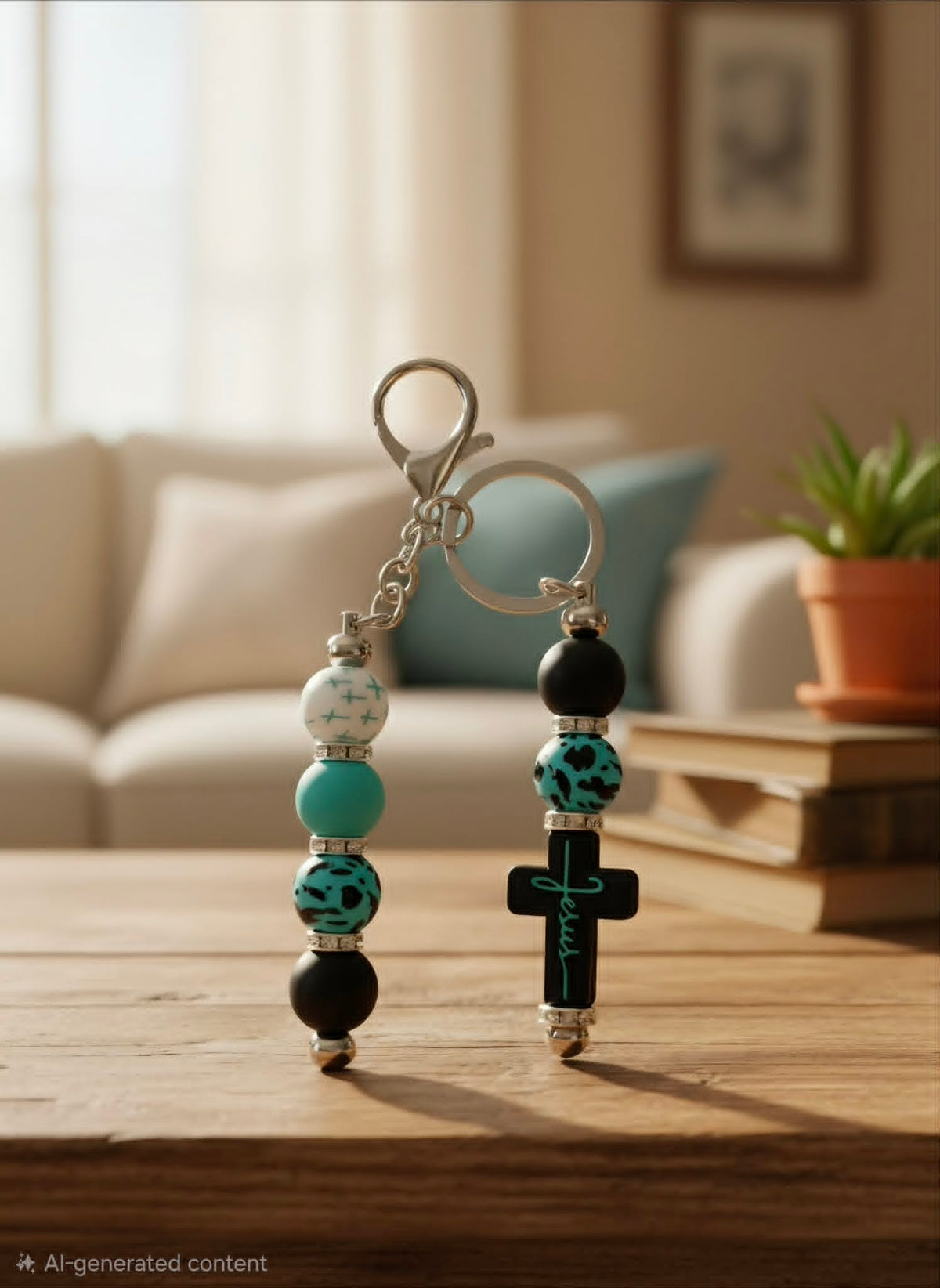Faithfully Teal Jesus Cross Beaded Keychain
