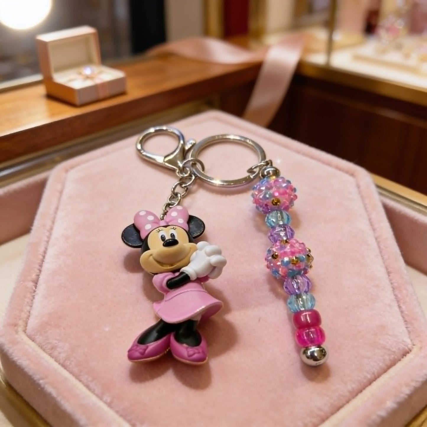 Pink Bow Minnie Beaded Charm Keychain